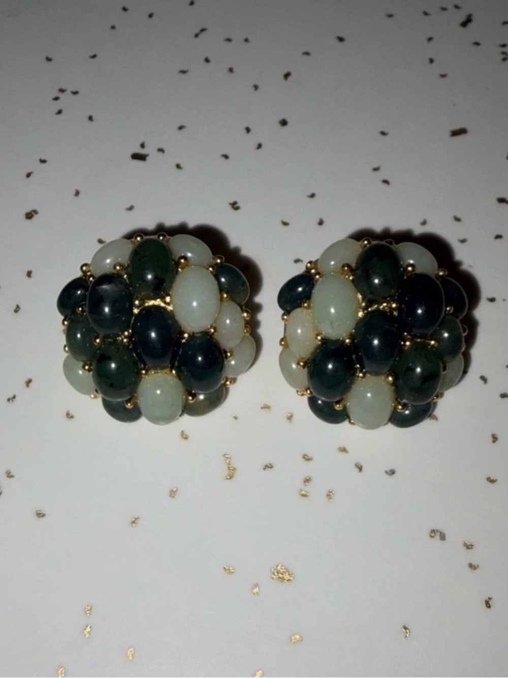 Vintage Joan Rivers Green Jade Beaded Cluster Stud Earrings, Gold Tone